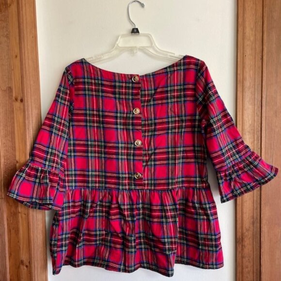 HALEY AND THE HOUND Red Plaid Flannel Peplum Ruffle Top with Gold Back Buttons M - Picture 3 of 15